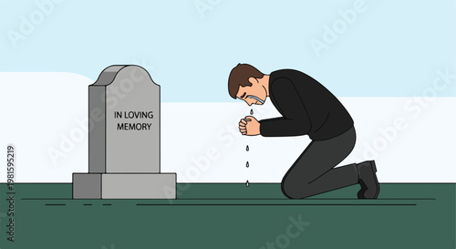 Man kneeling and crying before a tombstone inscribed with text in loving memory