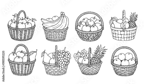 SEO Title
Hand drawn fruit basket collection monochrome sketch style fresh produce illustration vector isolated on white background