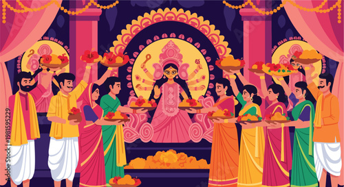 Indian devotees offering food and flower platters to the multi-armed goddess Durga