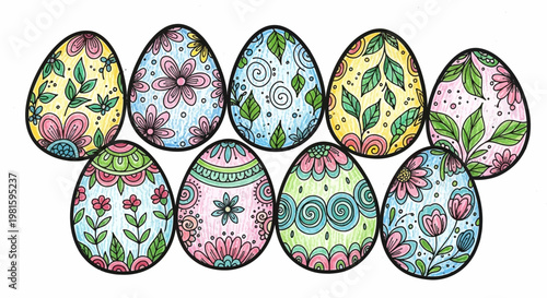 Colorful Easter eggs with floral patterns and designs are arranged in two rows on a white background.