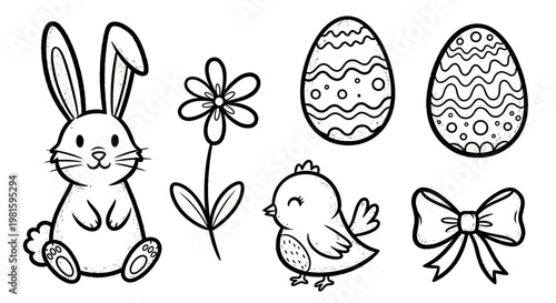 Easter bunny and chick sit near decorated eggs and flower