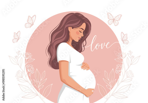 Beautiful Pregnant Woman Holding Belly Vector Illustration, Maternity and Motherhood Concept with Floral Elements and Butterflies on Pink Background