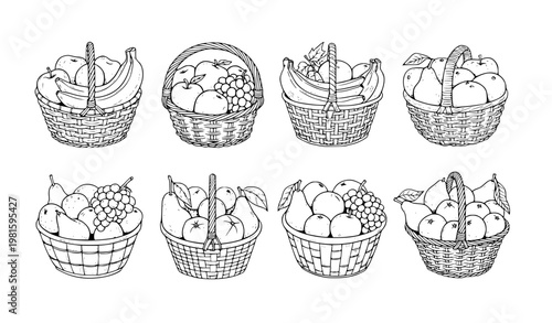 SEO Title
Hand drawn fruit basket collection monochrome sketch style fresh produce illustration vector isolated on white background
