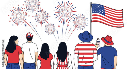 A crowd watches red, white, and blue fireworks by an American flag in an artwork