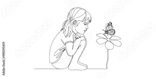 Continuous line art of a little girl looking at a butterfly on a flower.