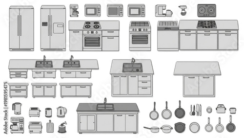 Kitchen Appliances and Cabinets Icon Set, Modern Home Cooking Equipment Collection, Minimal Outline Interior Design Elements