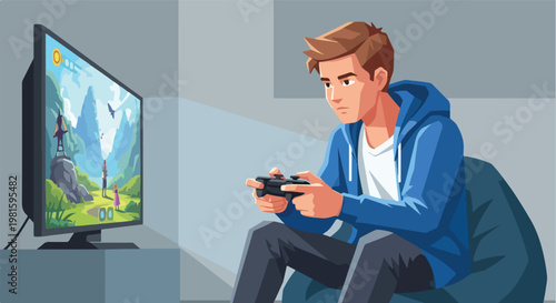 Focused young man playing video games on television sitting in a bean bag chair