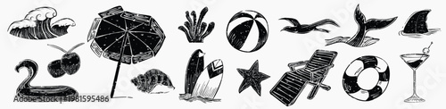 Black and white beach-themed illustrations: umbrella, beach ball, waves, surfboard, starfish, and more. Summer beach vibes with various beach icons. Summer vacation element vector set.