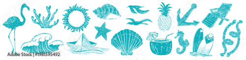 Nautical icons in teal, featuring waves, seashells, flamingo, and pineapple. Nautical theme with waves, seashells, and flamingo. Perfect for beach designs. Summer vacation element vector set.