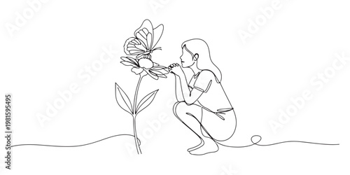 Continuous line art of a little girl looking at a butterfly on a flower.