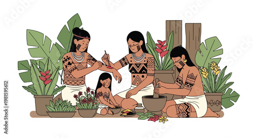 Indigenous family practicing traditional body paintings and plant-based rituals