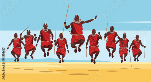 Vector art of Maasai tribe men jumping high in red robes under a bright blue sky