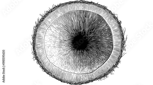 Engraved cross-section of a coconut, showing husk, shell, and pulp detail