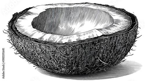 Black and white cross-hatch of a coconut half with shell texture and cast shadow