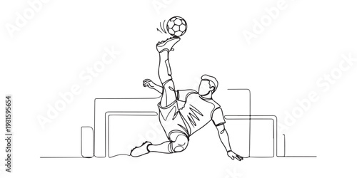 Minimalist football player in action performing a bicycle kick line drawing.