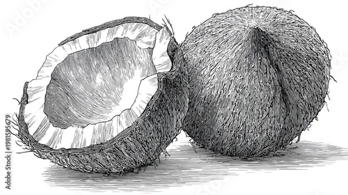 Engraving of coconut split in half beside a whole coconut, shaded with fine lines