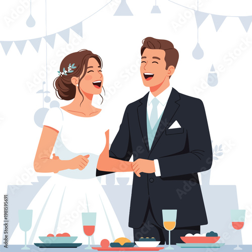 Happy bride and groom laughing together at their wedding reception celebration