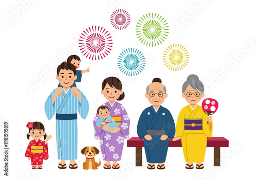 Happy Multi-generational Japanese Family in Traditional Yukata and Kimono Celebrating Summer Festival with Fireworks, Vector Illustration