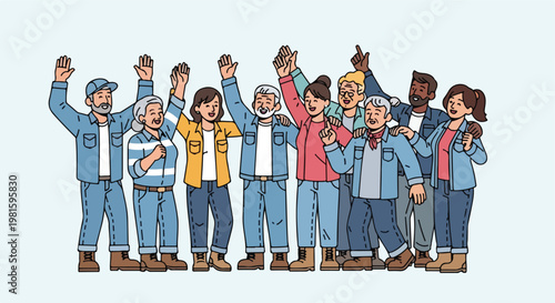 Diverse group of joyful people in denim outfits waving hands and smiling happily