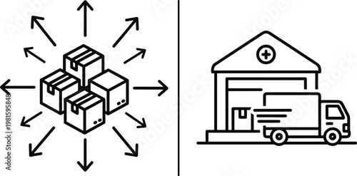 Vector illustration of shipping boxes being distributed outwards from a central point and a delivery truck arriving at a warehouse, symbolizing logistics and supply chain management.
