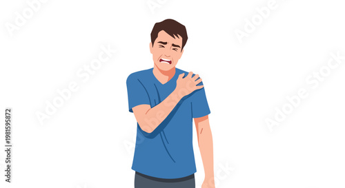 Young man in blue t-shirt grimacing in pain while clutching his aching shoulder