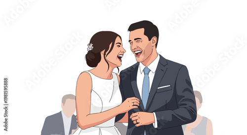 Joyful bride and groom laughing together during their elegant wedding ceremony