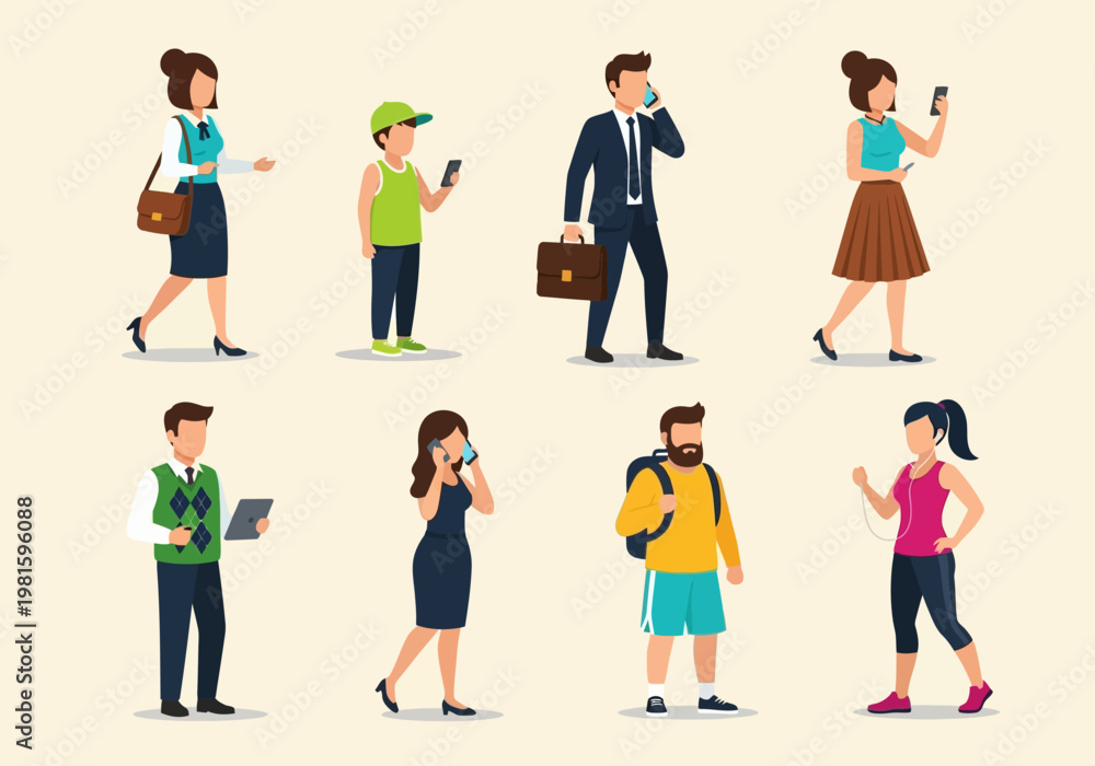 Obraz premium Collection of Flat Vector People Characters Using Smartphones and Mobile Devices While Walking and Standing - Communication and Modern Lifestyle Concept