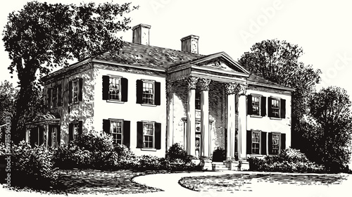 Estate etching Classic mansion framed by trees, rendered with stark black and white contrast