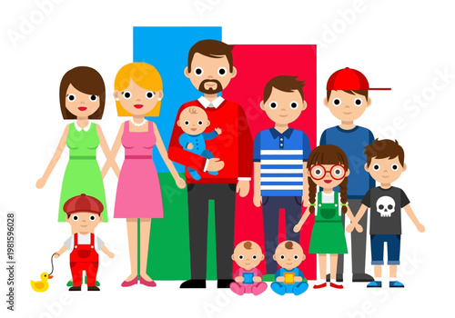 Large Family Group Portrait Flat Vector Illustration with Diverse Children, Parents and Babies