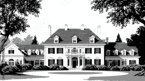 Illustrated gray-scale stately home with manicured lawn and surrounding trees