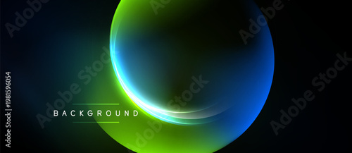 Abstract glowing orb dominates dark background. Vivid blue, green hues blend seamlessly creating dynamic visual effect. Text reads background.