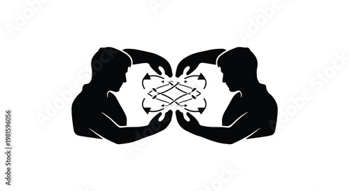 Two silhouettes interacting with abstract interconnected energy, symbolizing collaboration and shared ideas.