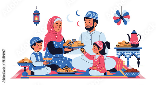 Muslim family sitting on a rug and sharing traditional sweets together right now