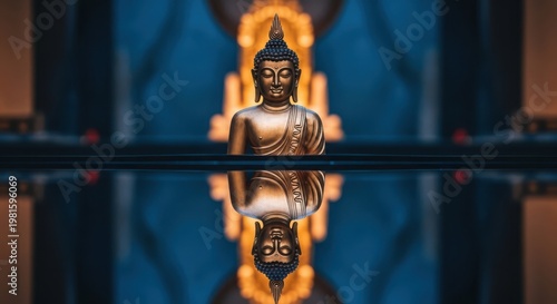 Golden buddha statue with reflection in water against a dark blue background
