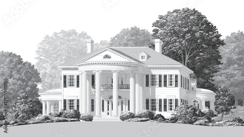Grayscale illustration of grand mansion with columns, trees, shrubs, and roof details