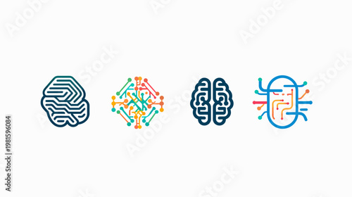 Four stylized depictions of brains and circuits on a white background, representing AI and neural networks