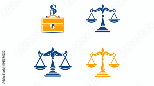 Collection of four law-related vector illustrations in blue and yellow colors on white background