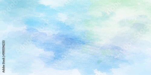 Beautiful blue sky background with fluffy white clouds and abstract watercolor textures creates a bright sunny day atmosphere in this clear summer nature cloudscape