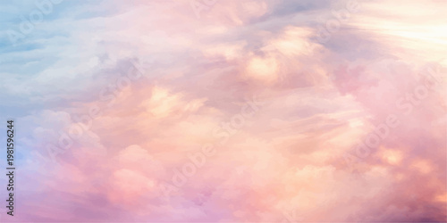 A beautiful summer cloudscape at sunset where the sun rays pierce through white and orange clouds against a blue sky, creating an abstract heaven of golden sunlight and atmosphere
