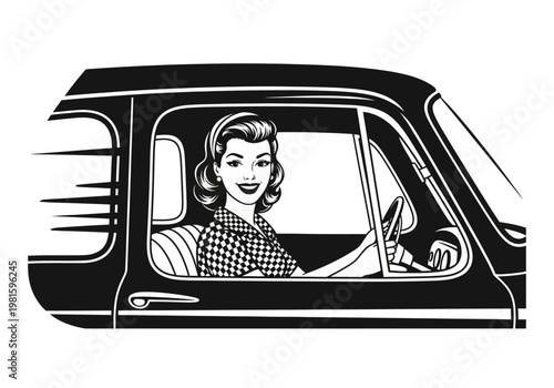 Vintage Style Vector Illustration of a Smiling Woman Driving a Classic Car, Retro 1950s Mid-Century Pop Art Design