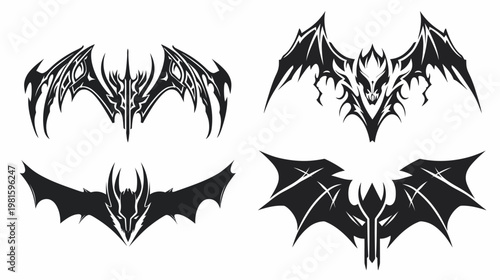 Four black bat-wing designs with intricate, gothic-inspired patterns on a white background