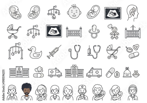 Pregnancy and Pediatric Healthcare Line Icon Set - Maternity and Baby Care Symbols