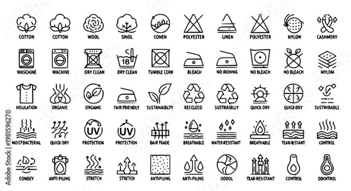 Stylized fabric features outline icon set 45 vector EPS10 editable stroke isolated