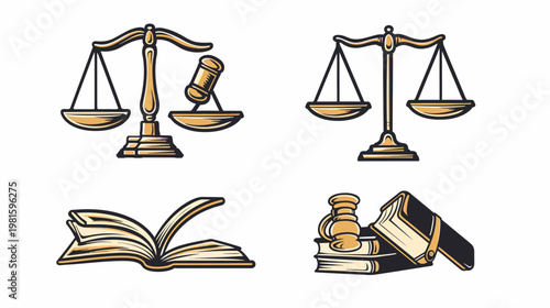 Collection of law-related graphic elements, scales, gavel, book illustrations in gold and black