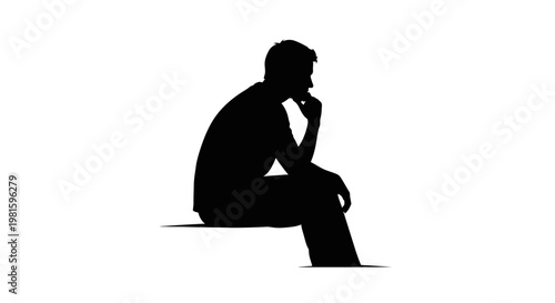 Silhouette of a man sitting and thinking, isolated on white background