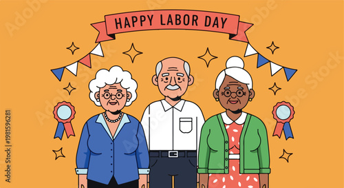 A diverse elderly group standing under a Happy Labor Day banner with decorations