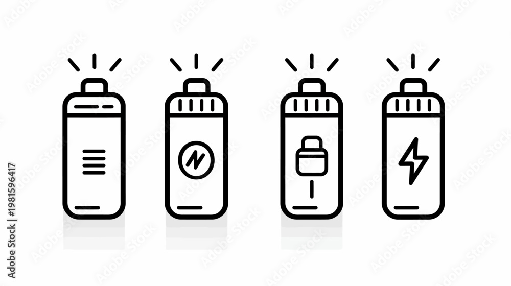 Obraz premium Four stylized battery icons with various symbols indicating functions, arranged in a row