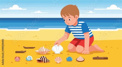 Young boy in striped shirt collecting shells on a sunny beach by the blue ocean
