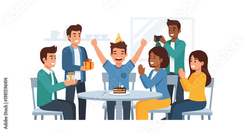 A diverse group of friends celebrating a birthday party with cake and nice gifts