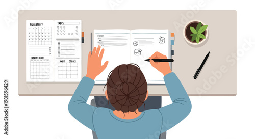 Top view illustration of a woman writing in her notebook at a desk with a plant